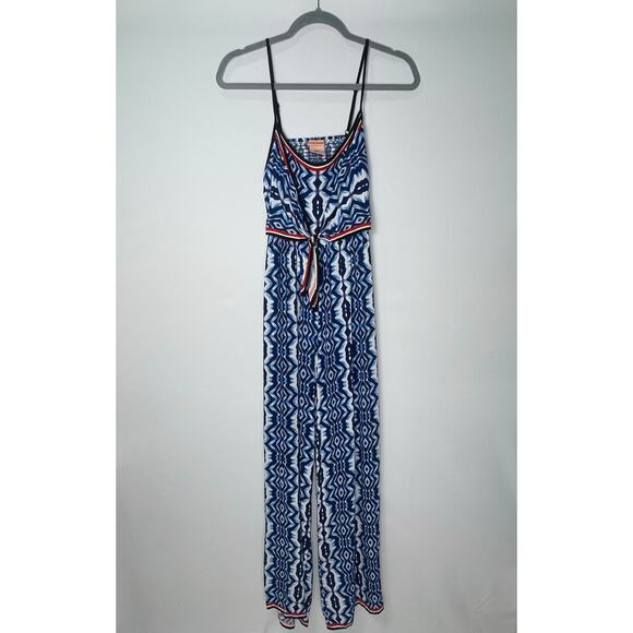 Flying Tomato Blue Aztec Print Jumpsuit Romper Size Small Cutout Waist Tie Back - Picture 1 of 5